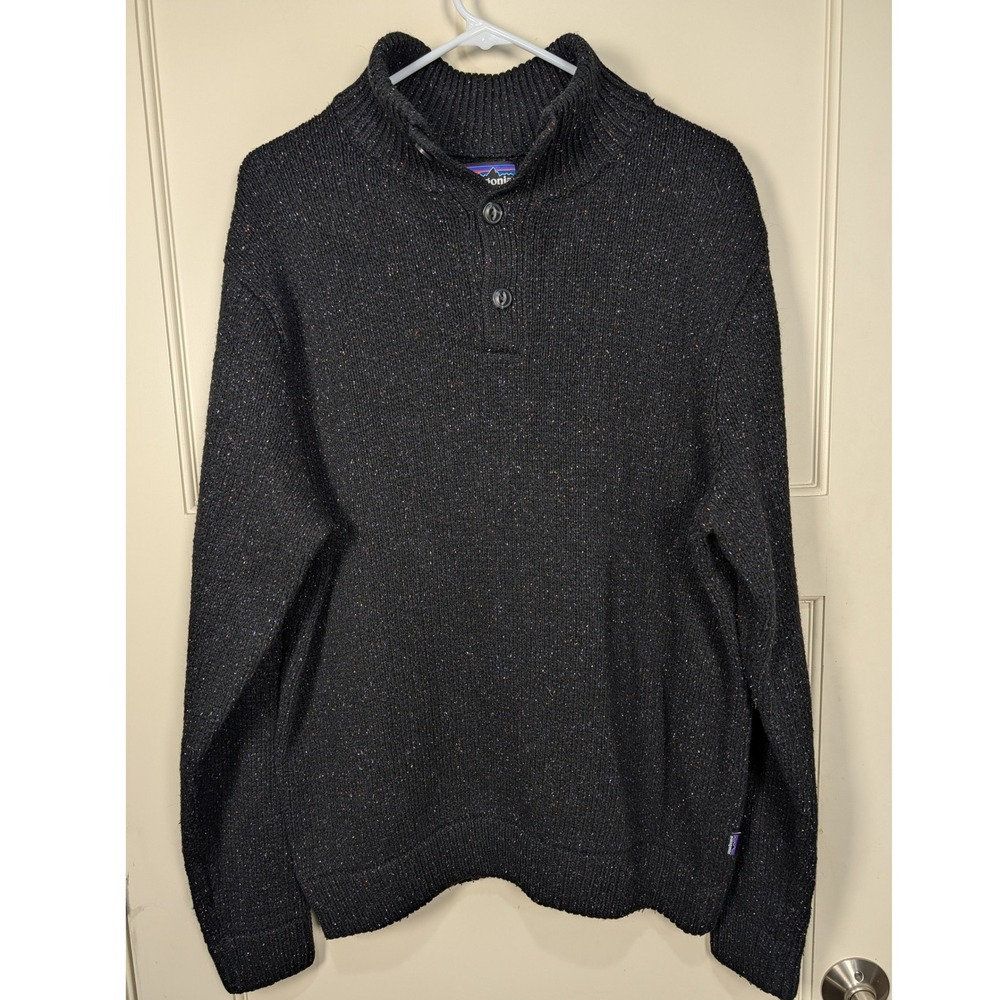Patagonia Mens L Black Flecked Tweed Knit Mock Neck 3 Button Pullover Sweater